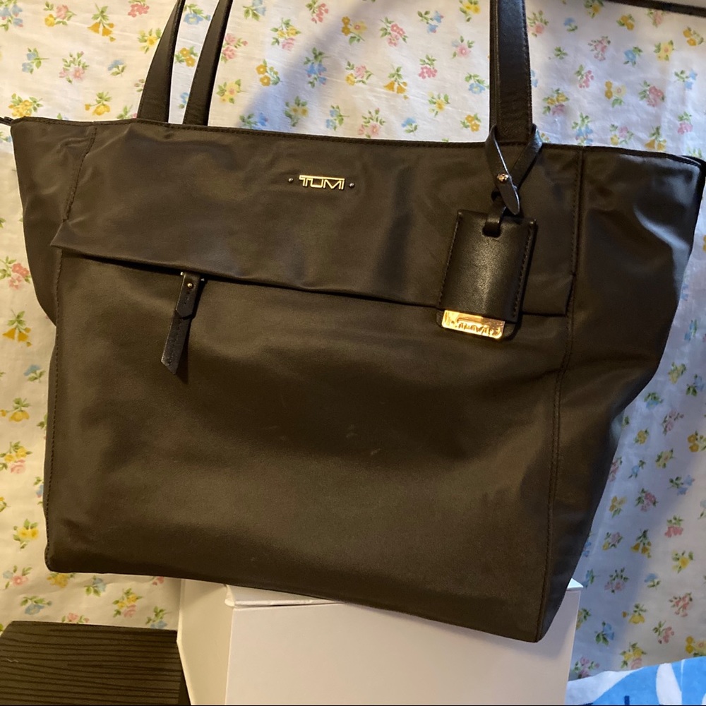 Tumi Voyageur M Tote in mink taupe tan brown, gold, and leather